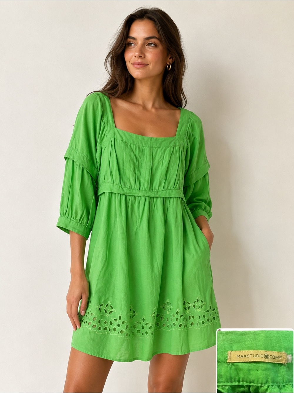 Like New Max Studio Heritage Vibrant Green Cotton Silk Eyelet Dress Size M